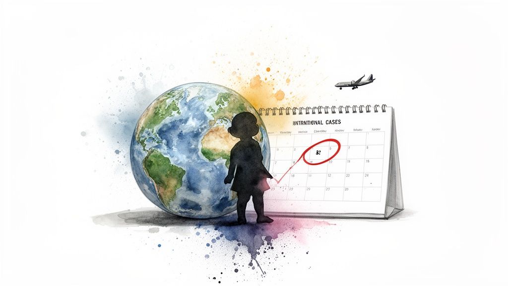 Watercolor illustration of a child silhouette, globe, calendar highlighting an international case date.