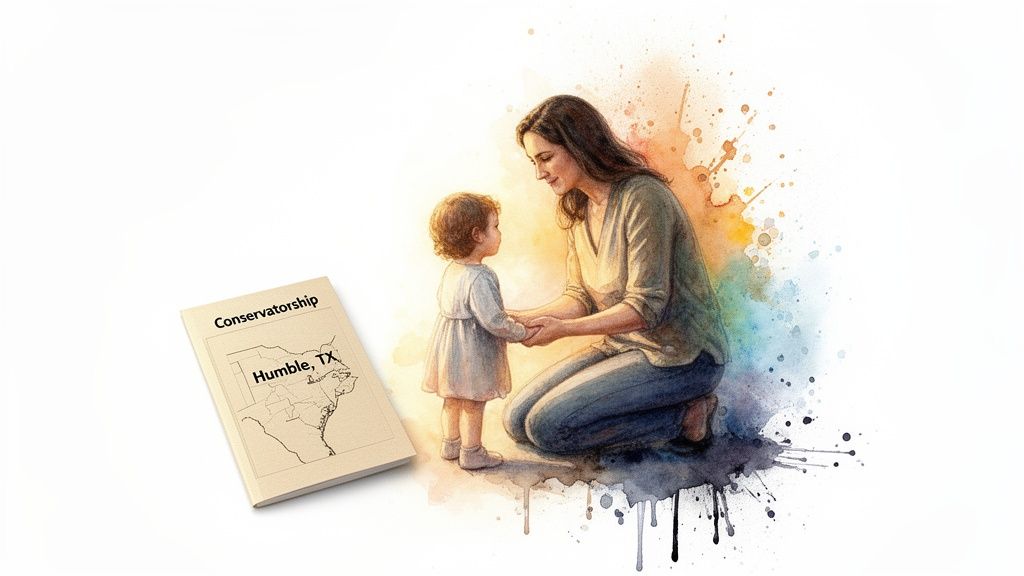 Watercolor illustration of a mother and child holding hands, with a book titled 'Conservatorship, Humble, TX' nearby.