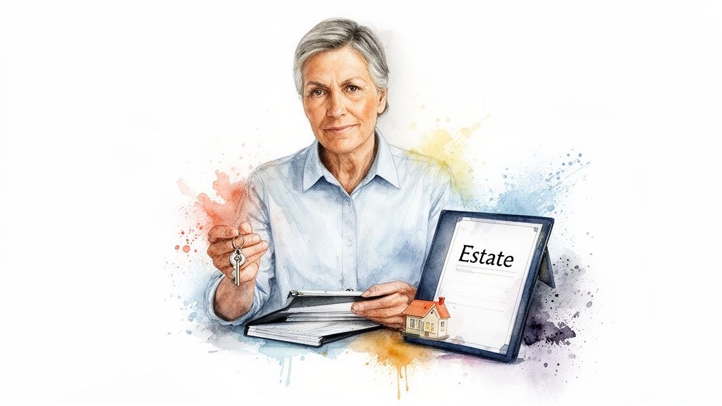 A senior probate attorney holds keys, with estate documents and a miniature house model.