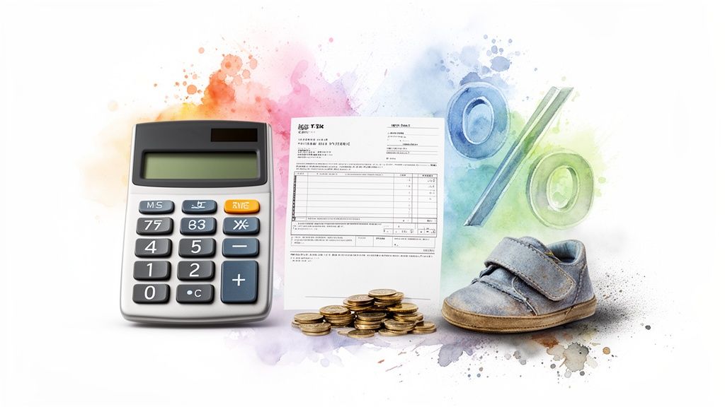 A calculator, financial form, stack of coins, baby shoe, and percentage symbol on a watercolor background.
