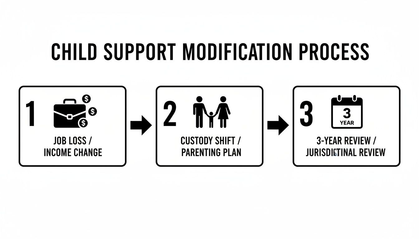 Flowchart outlining child support modification process, triggered by job loss, custody changes, or 3-year review.