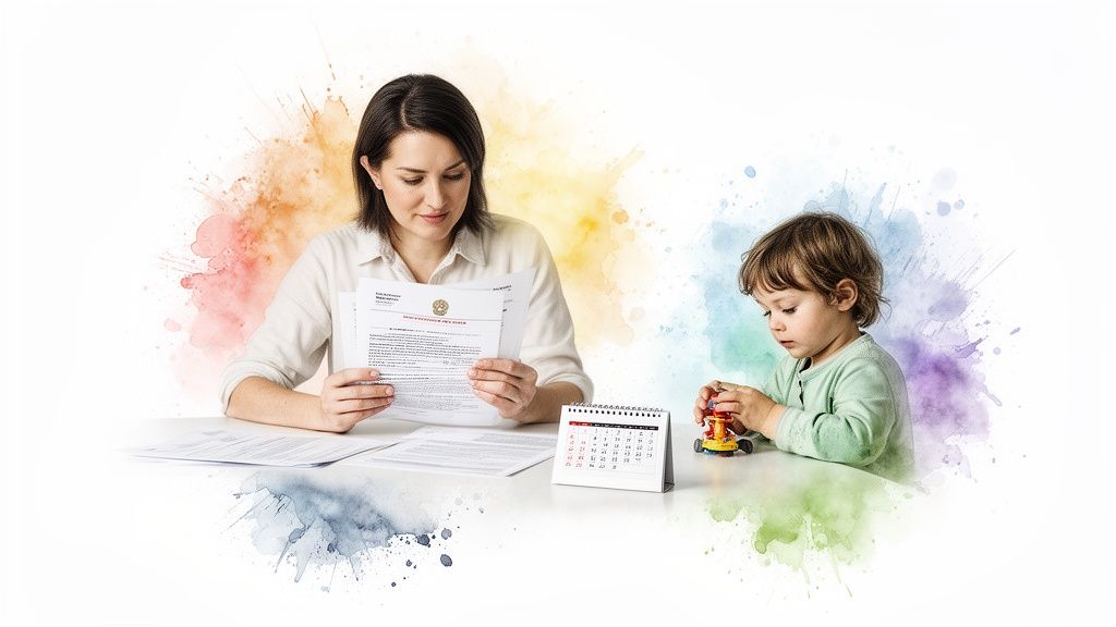 A mother reads important documents while her child plays with a toy car at a table.