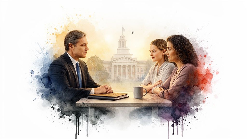 A lawyer meets with two women in a watercolor-style image, with a classical building in the background.