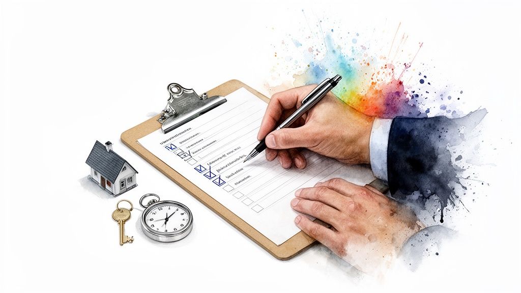 Hands checking items on a legal checklist with a house, key, and watch, symbolizing planning.