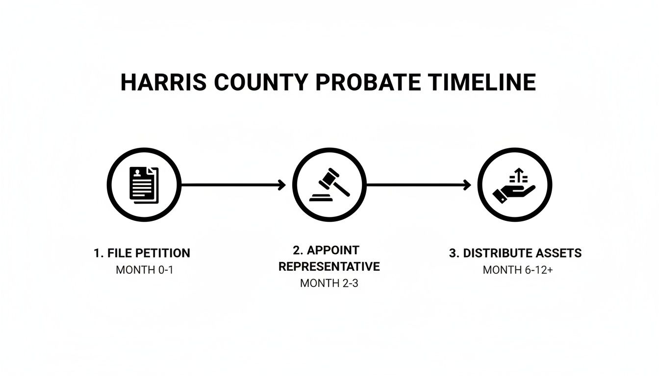 A clear timeline illustrating the three main steps of Harris County probate: file petition, appoint representative, and distribute assets.