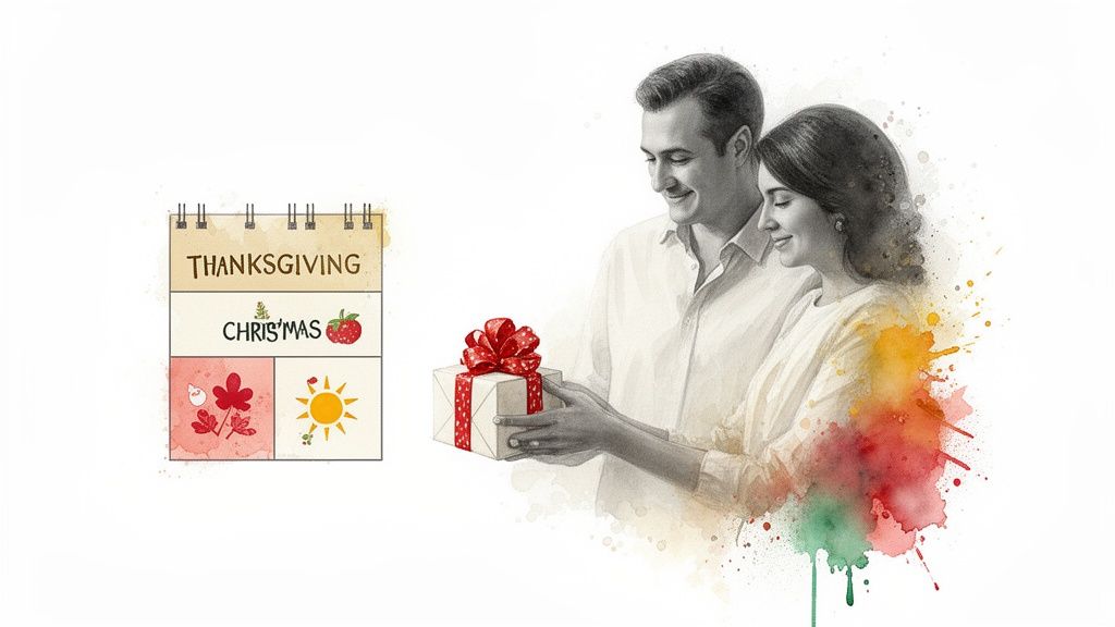 Watercolor illustration of a couple holding a gift, with a calendar showing Thanksgiving and Christmas.