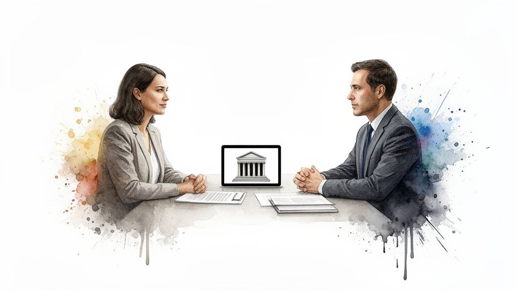 Two professionals in suits discuss across a table, with a tablet displaying a courthouse symbol.