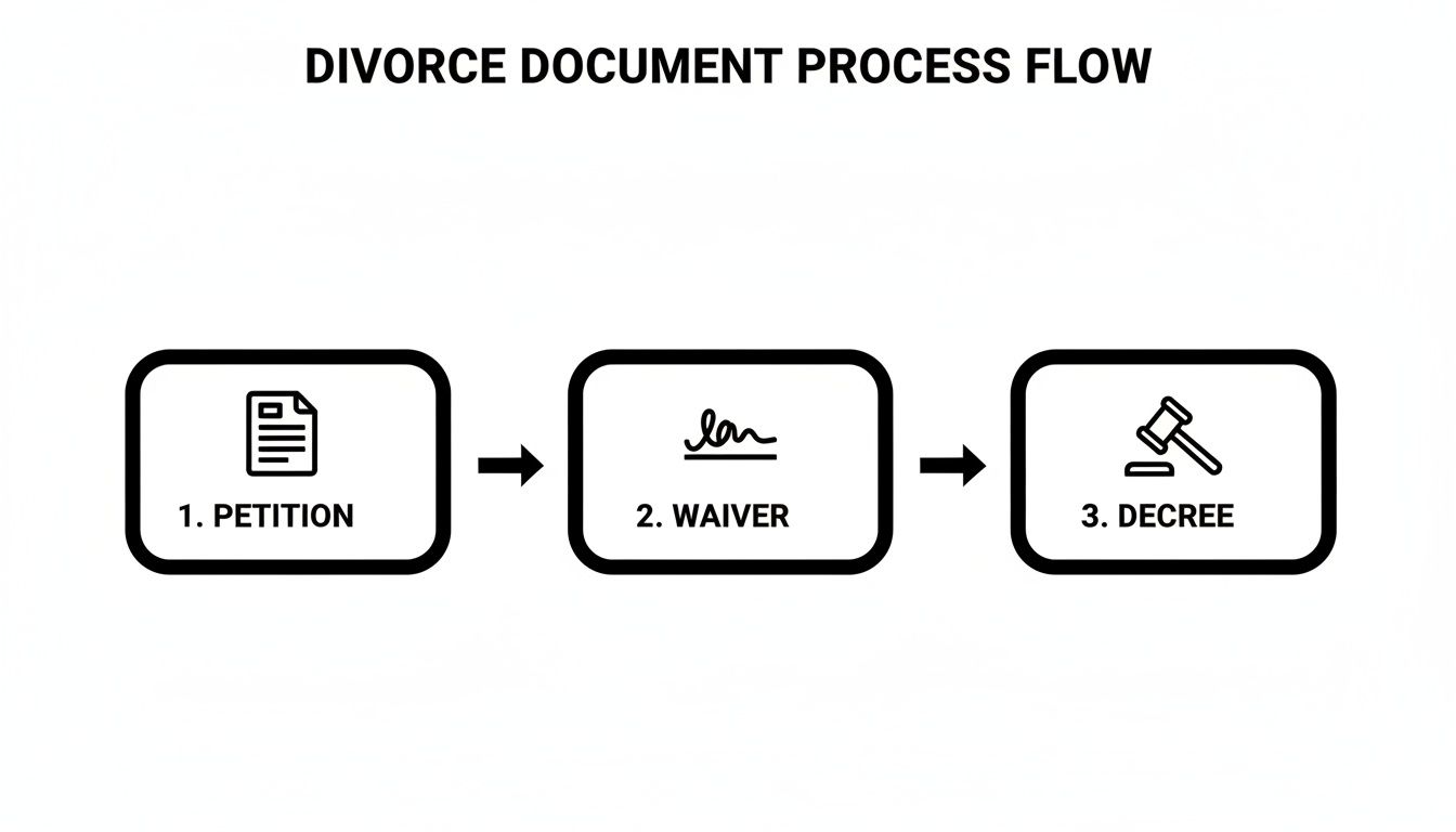 A flowchart illustrating the divorce document process with three sequential steps: petition, waiver, and decree.