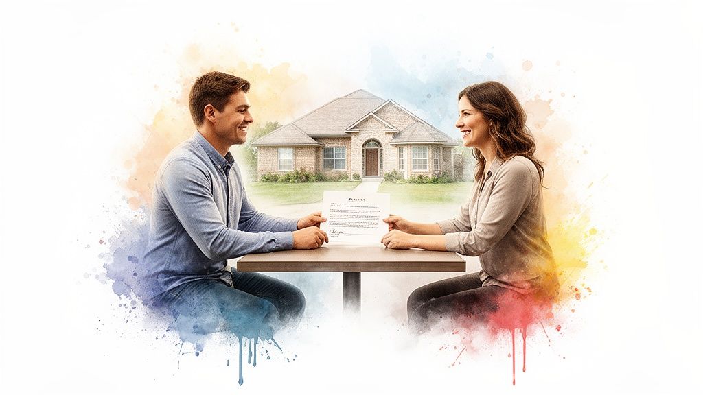 A smiling man and woman sit at a table holding a document, with a house behind them.