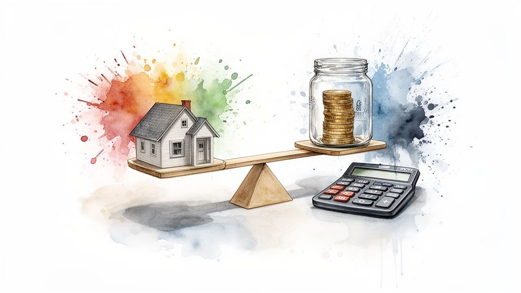 A balanced scale shows a house and a jar of coins, with a calculator, representing housing costs and savings.
