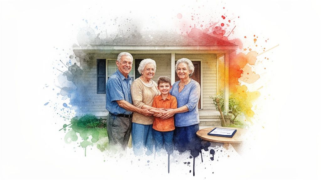 Happy multi-generational family, including grandparents and grandson, holding hands in front of their home, with a tablet on a table.
