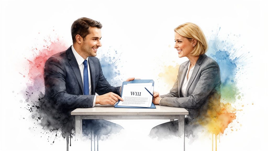 Two smiling professionals discussing a 'Will' document on a table, surrounded by colorful watercolor splashes.