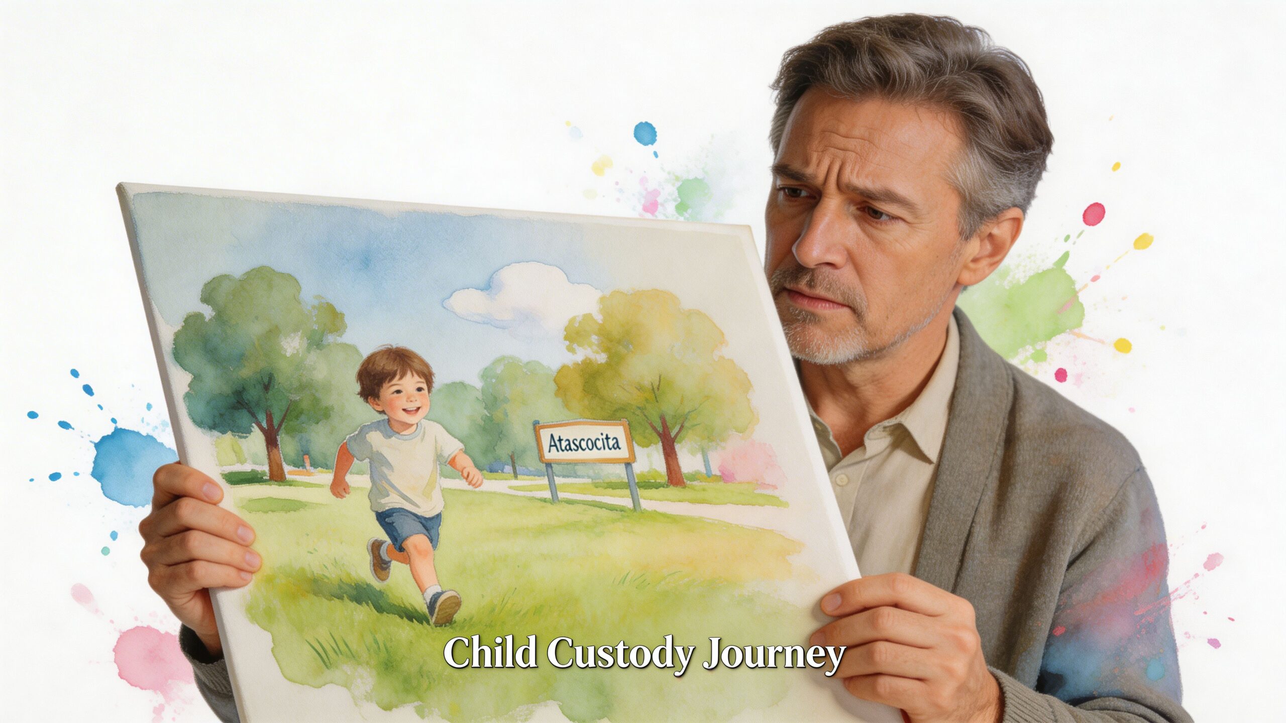 A concerned middle-aged man holding a watercolor painting of a young boy running in Atascocita park.
