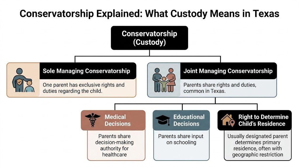 A flowchart explaining sole and joint managing conservatorship and custody decision-making rights in Texas family law.