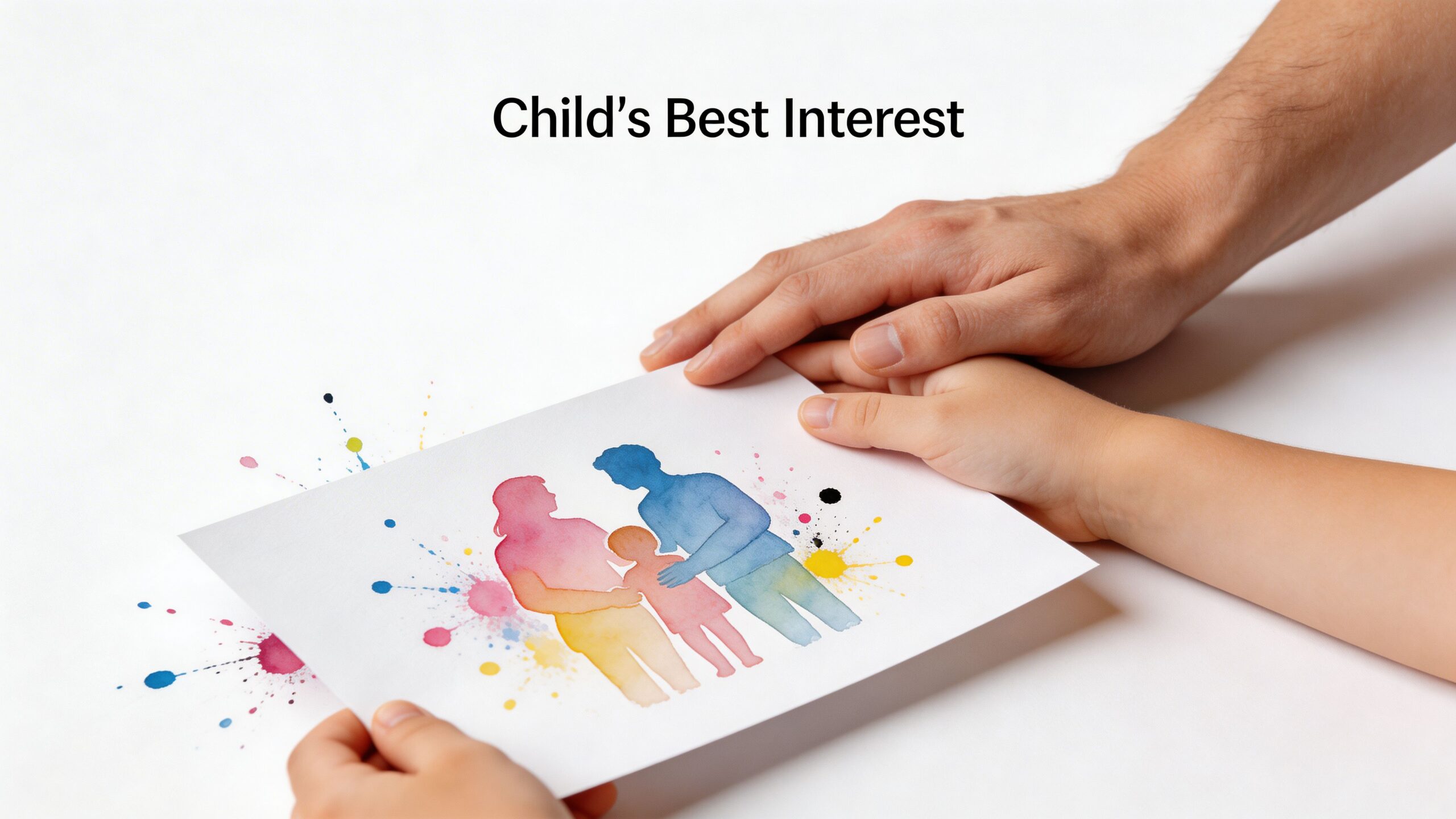 An adult and child holding a watercolor painting of a family together on a white surface.