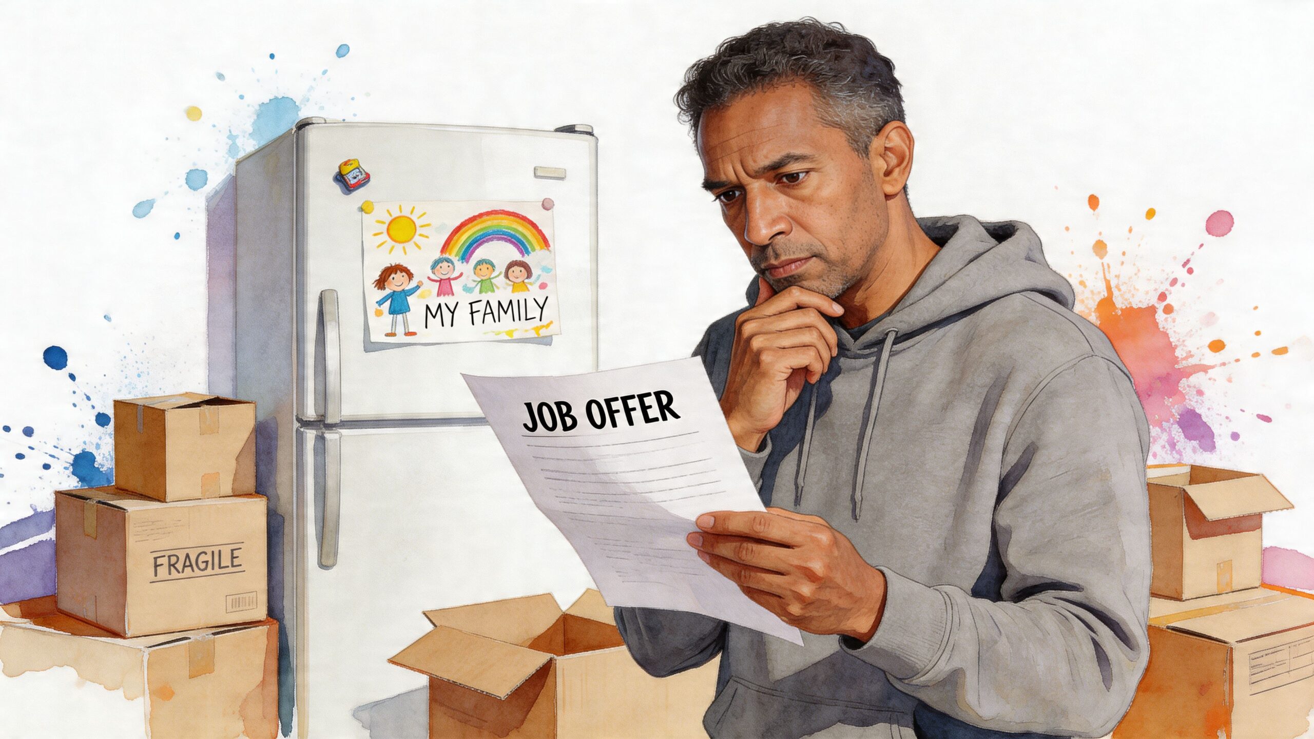 A man looking thoughtfully at a job offer letter amidst cardboard moving boxes in his home.