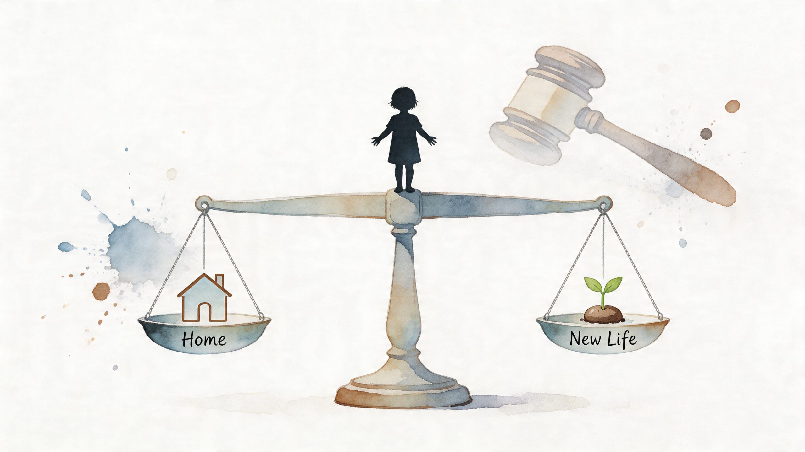 A watercolor illustration depicting a child silhouette balanced on scales between a home icon and a plant.