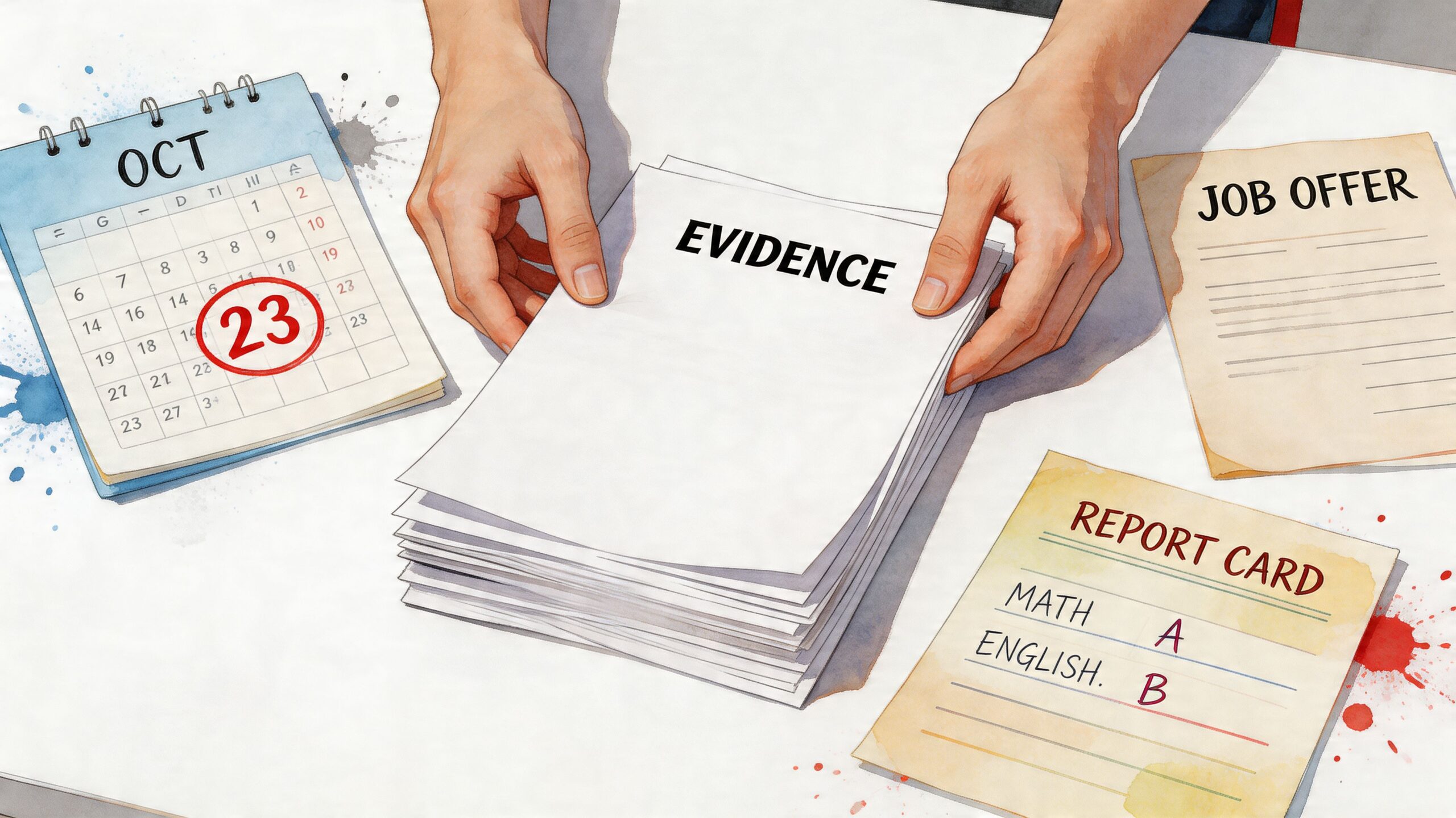 A person organizing legal evidence, a job offer letter, and a report card for child custody case.