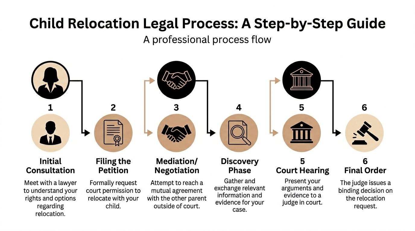 A step-by-step infographic illustrating the legal process for child relocation cases involving court proceedings and mediation.