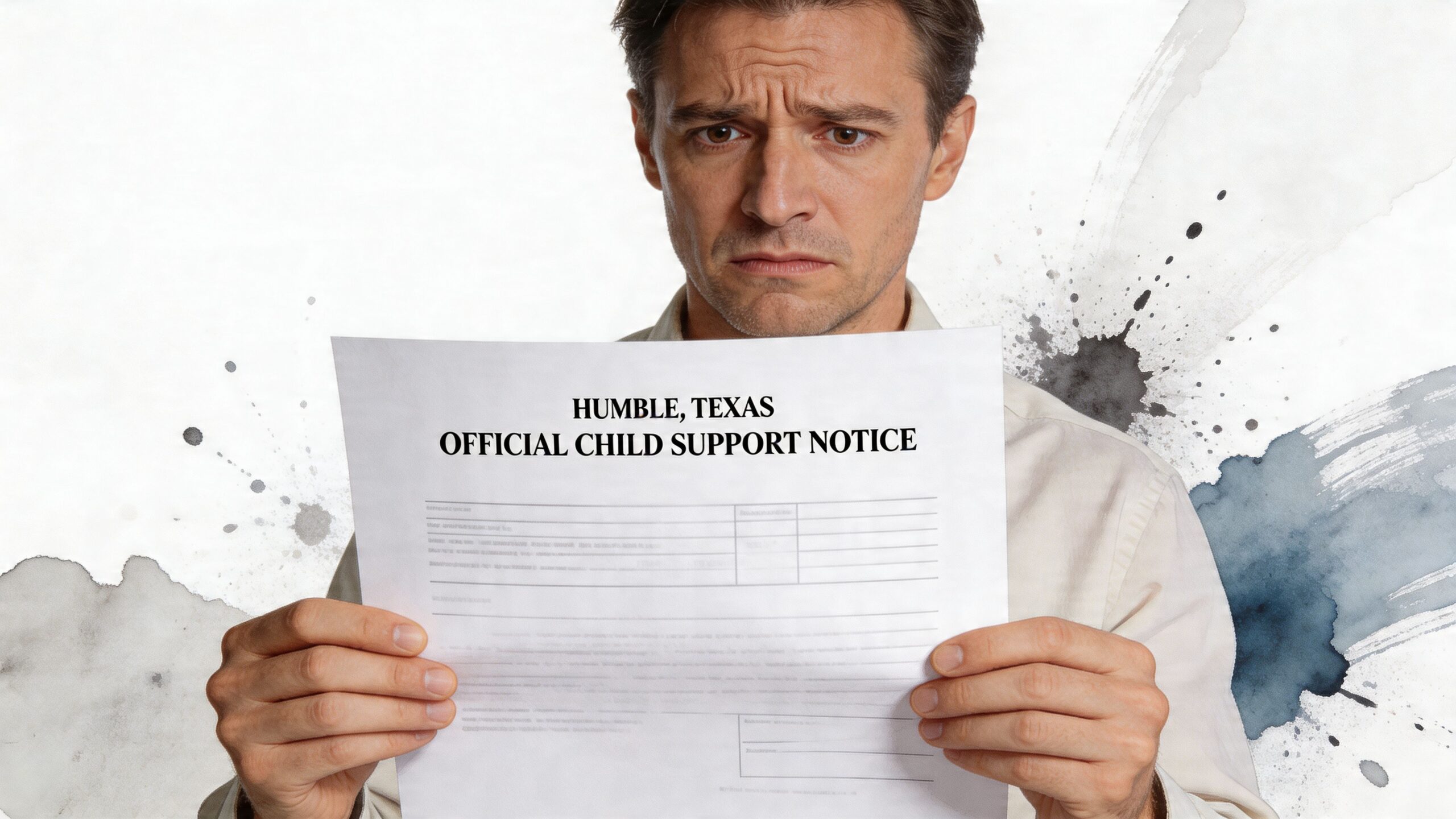 A concerned man holding an official child support notice document from Humble, Texas in his hands.