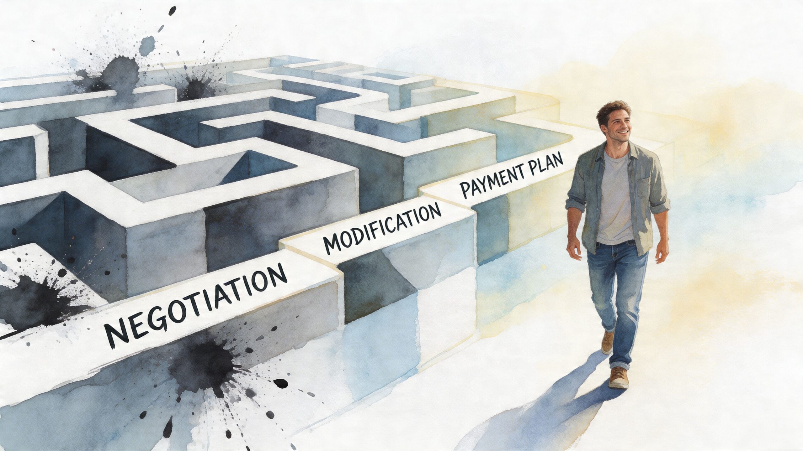 A happy man walking forward alongside a maze labeled with negotiation, modification, and payment plan options.