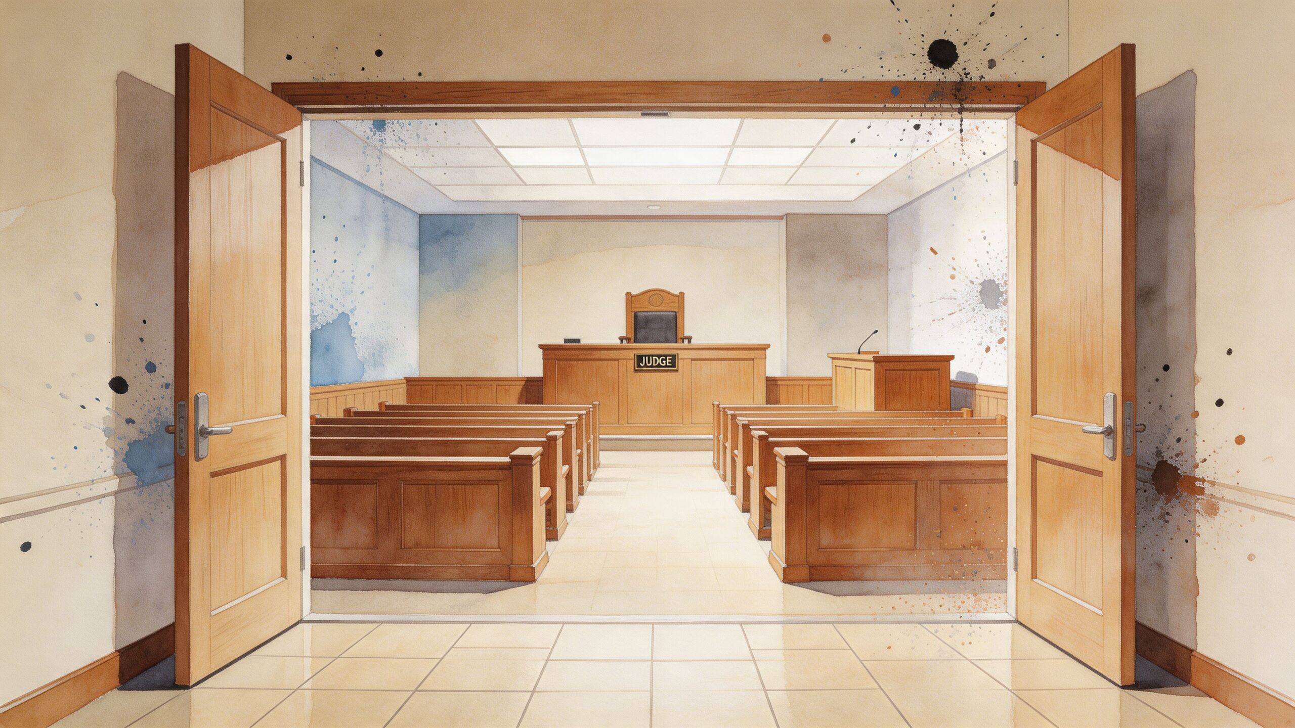 A watercolor illustration of an empty, stained courtroom with wooden benches, a judge's bench, and open doors.