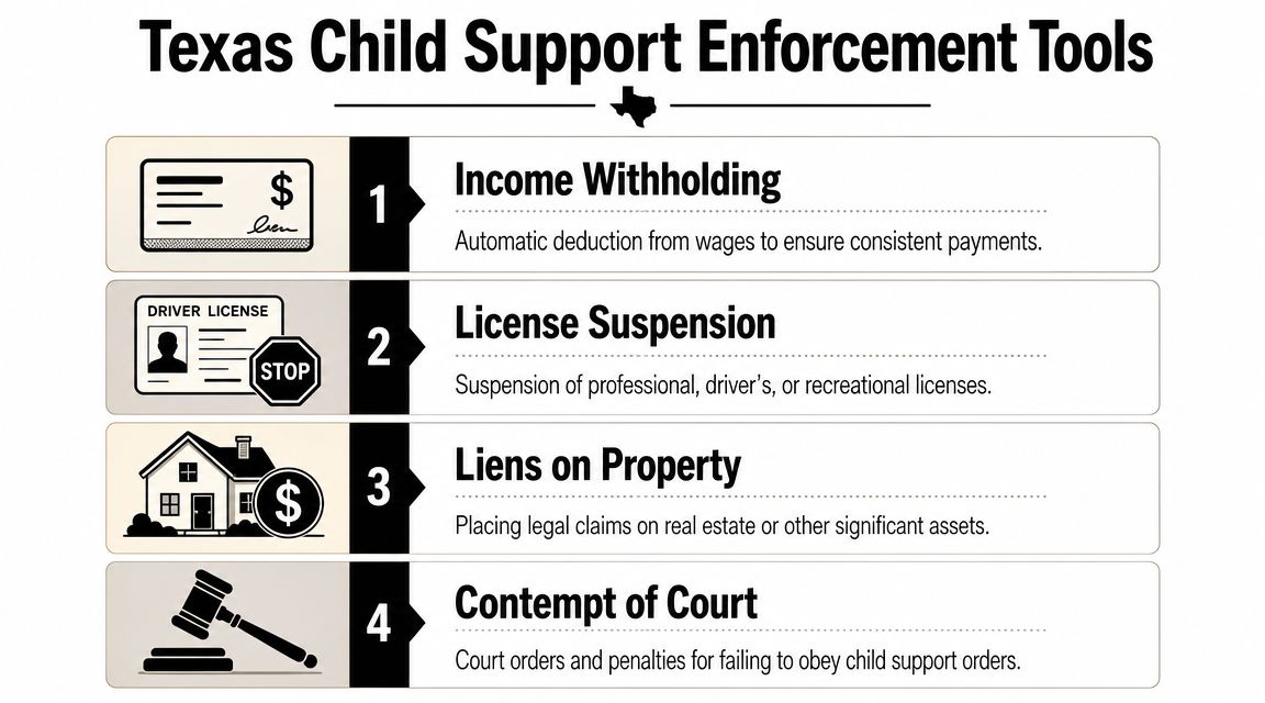 A visual infographic listing four legal enforcement tools for collecting child support payments in Texas.