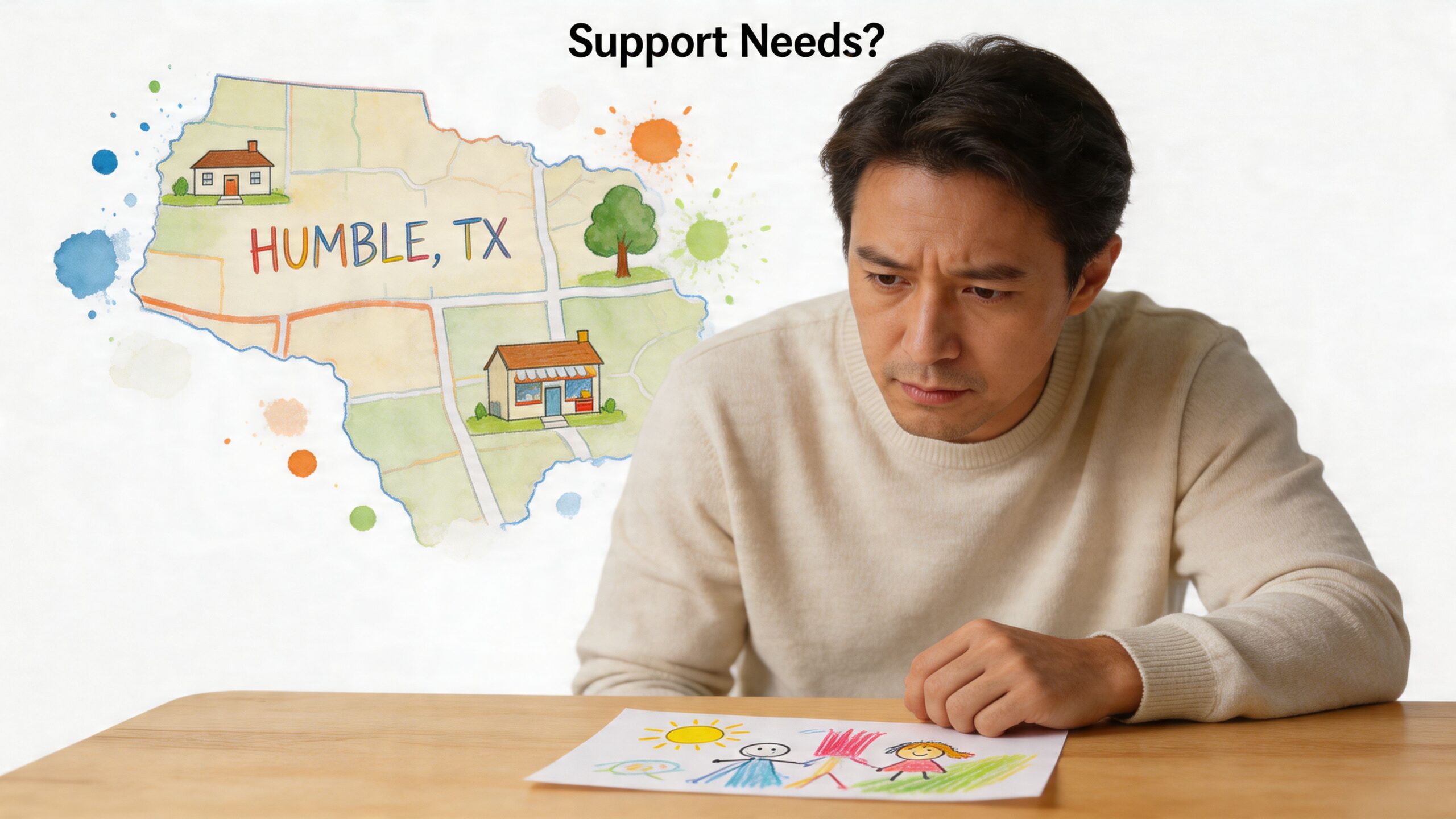 A man looking concerned at a child's drawing with a map of Humble, Texas, in the background.