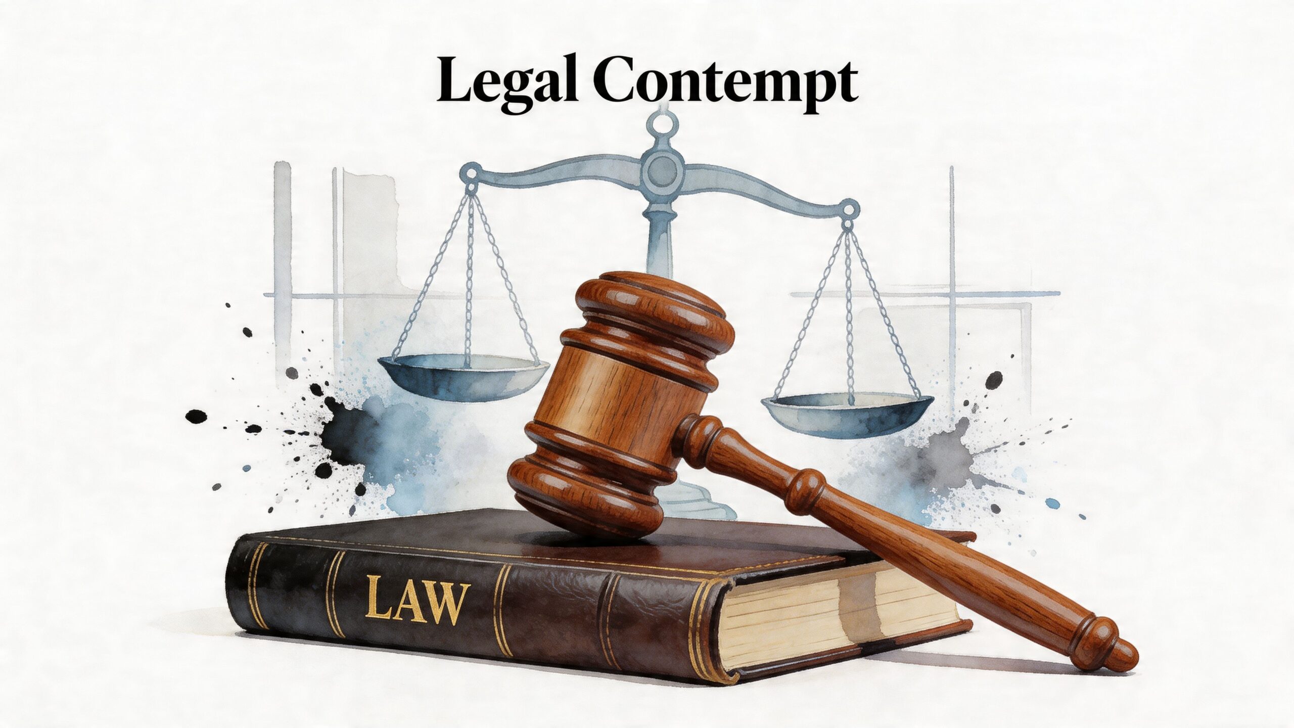 A wooden gavel resting on a leather law book with scales of justice in the background.