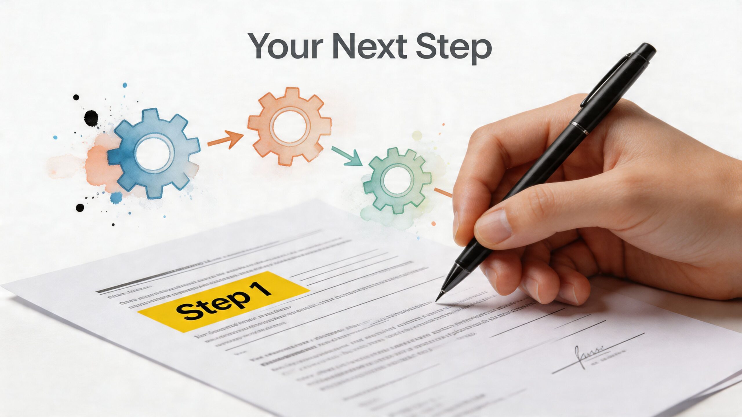 A person signing a legal document representing the first step in a professional process.