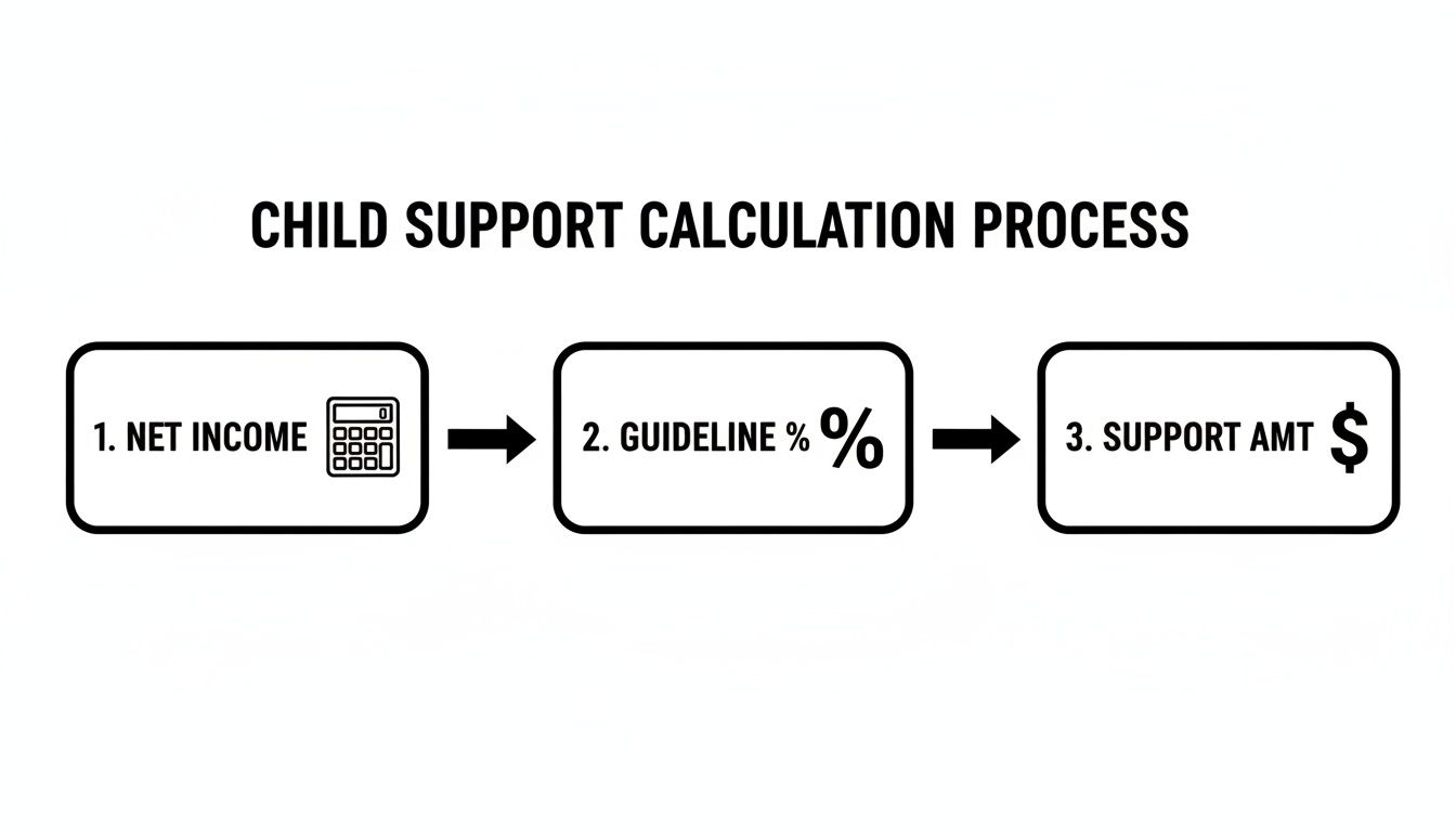 Flowchart illustrating the child support calculation process from net income to support amount.
