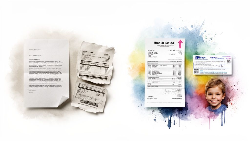 Various financial documents including letters, receipts, and a payslip with a smiling child on a vibrant watercolor background.