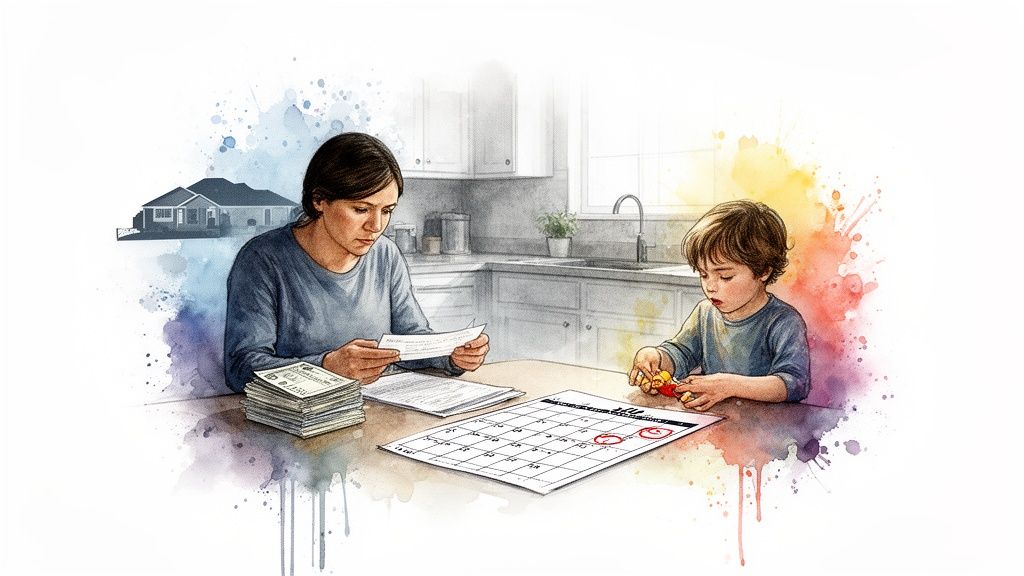 A woman reviews bills and money while a child plays nearby, illustrating financial stress and family life.