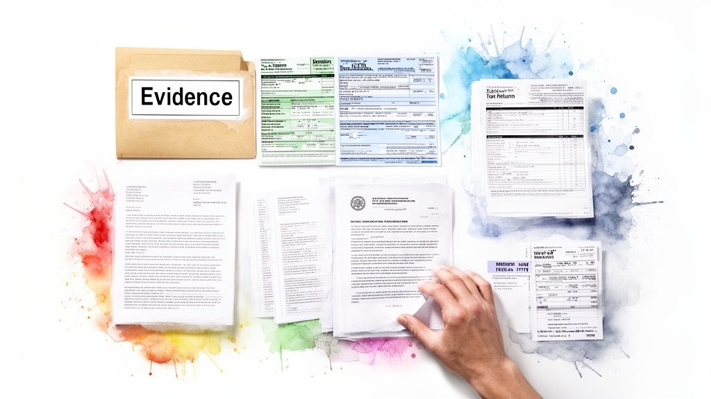 A hand organizes various legal and financial documents, including tax forms and a file labeled 'Evidence', on a watercolor-splashed background.