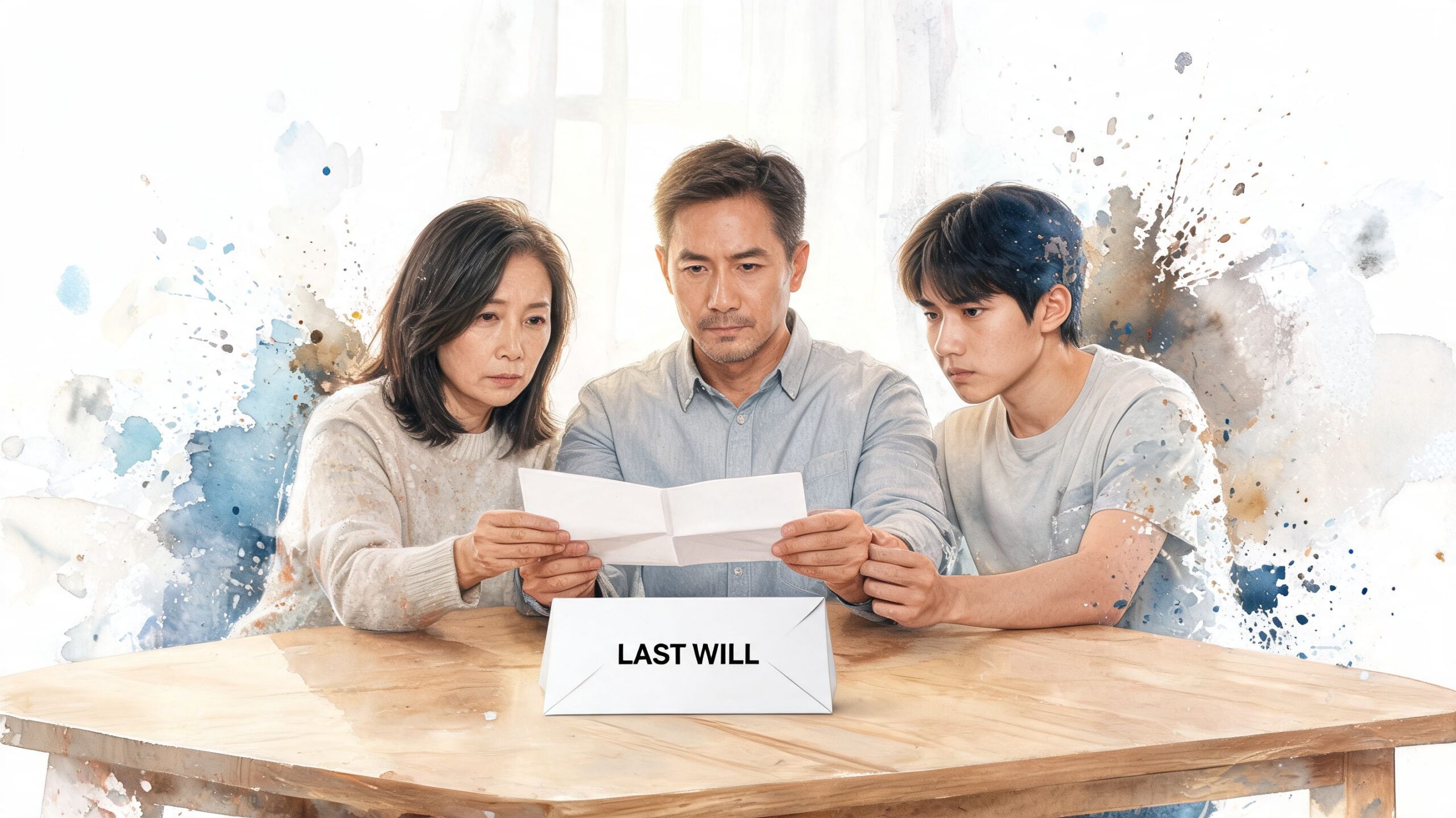 A concerned family sits at a table together while reading an important legal last will document.