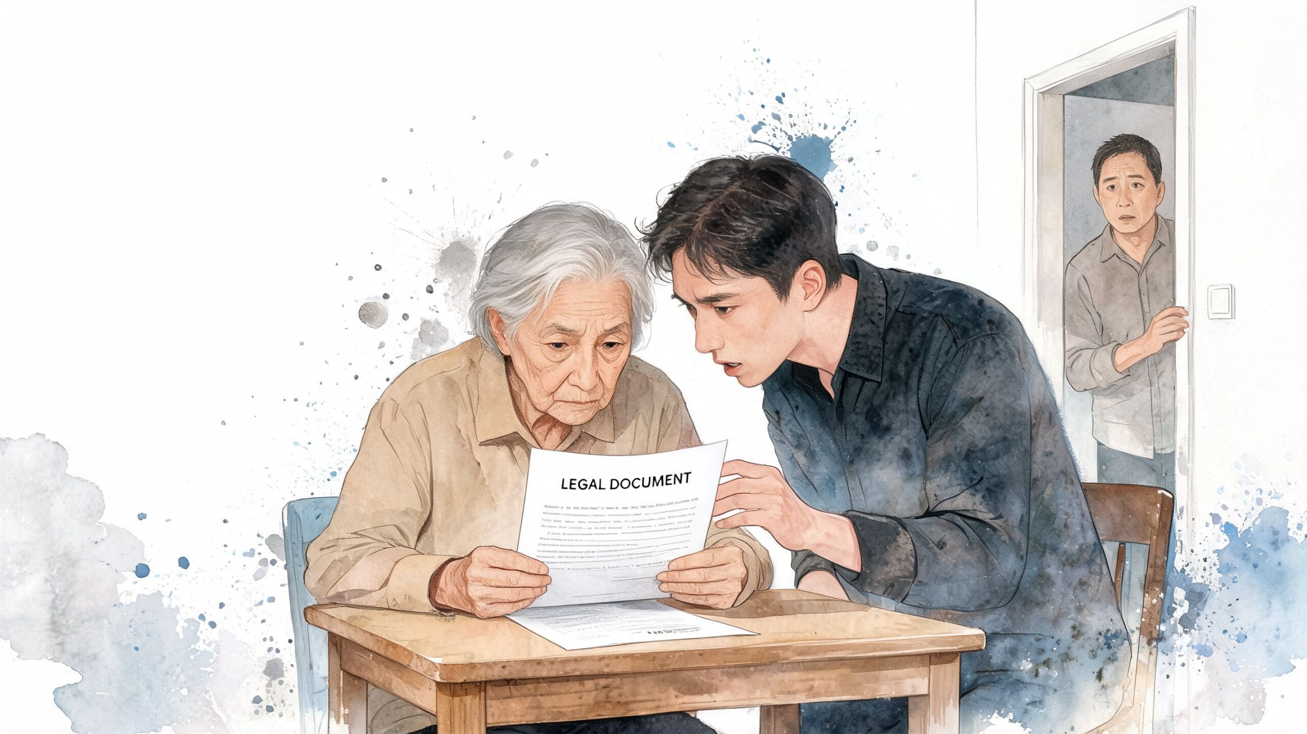A young man points to a legal document while sitting with an elderly woman at a table.