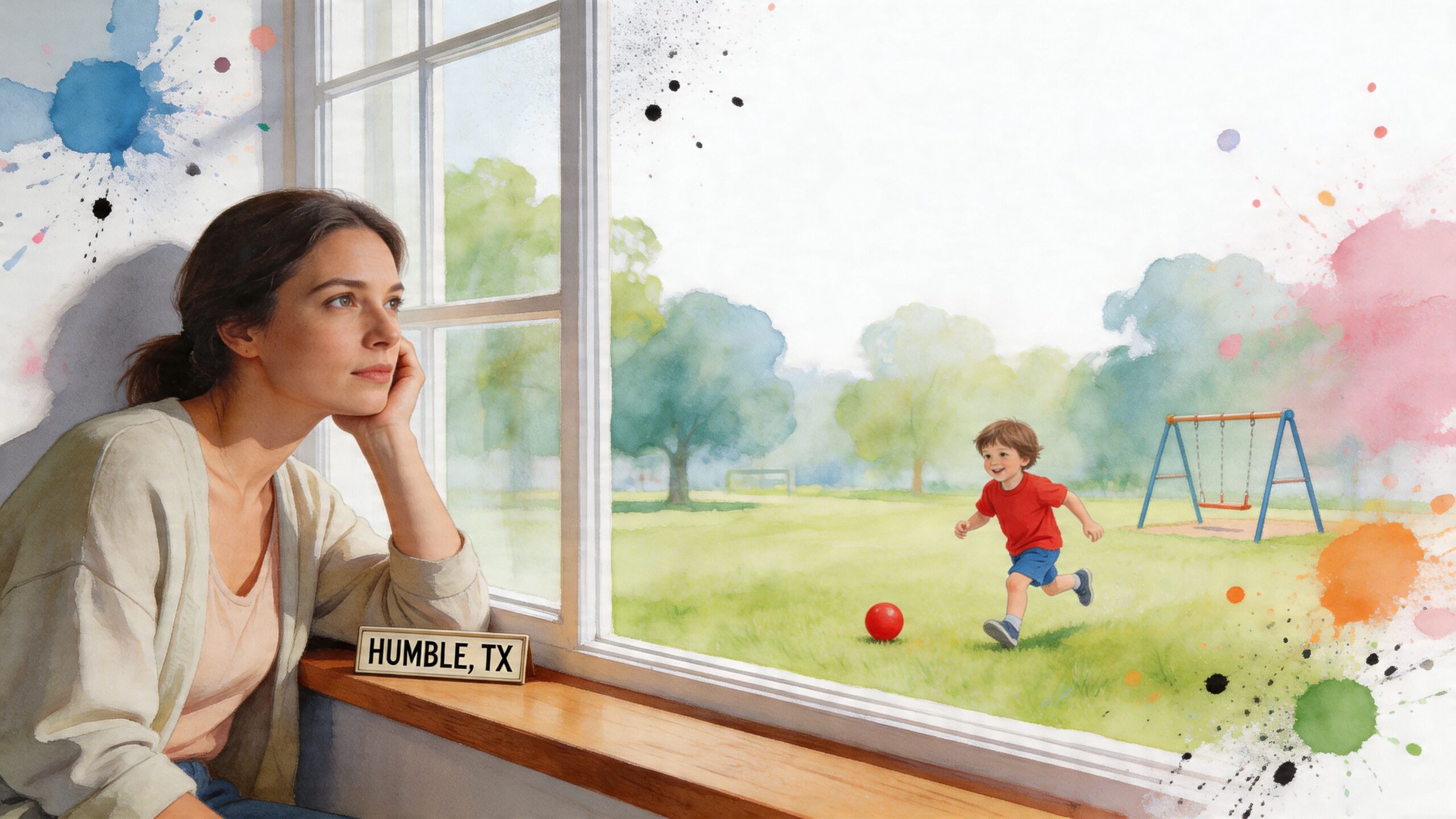 A woman looks through a window at a young child playing with a ball in a yard.