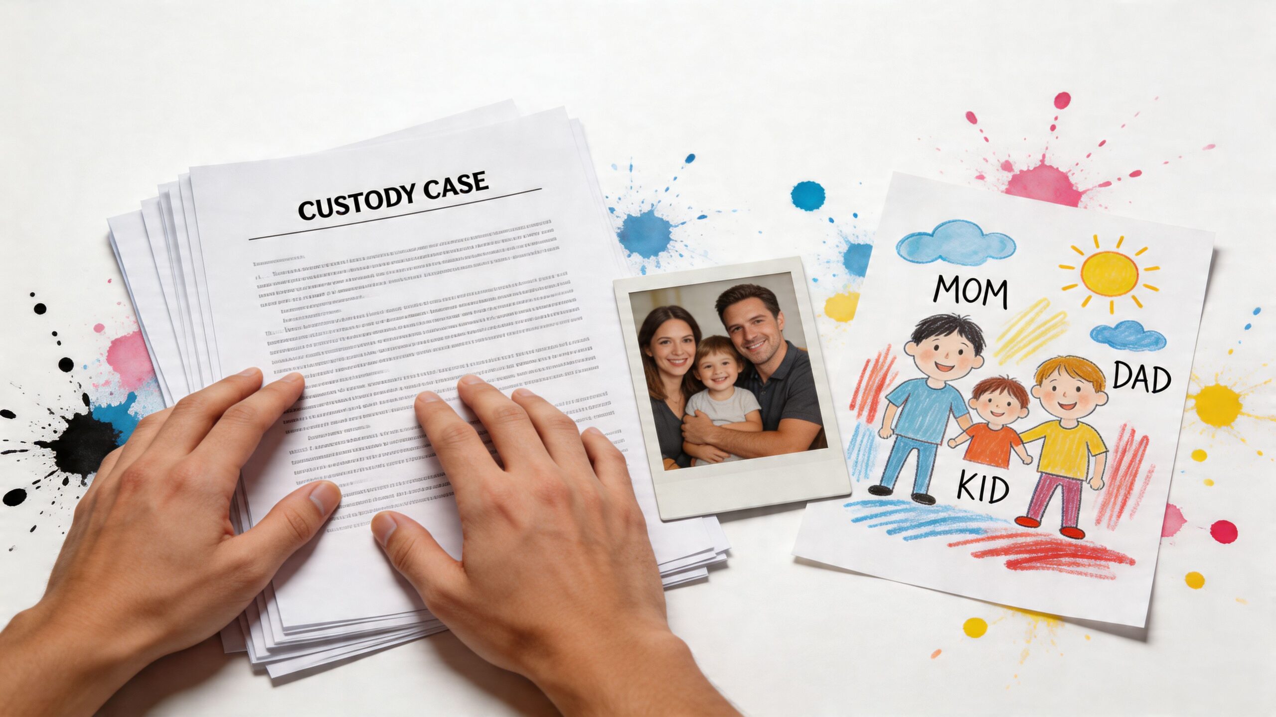 A person reviewing custody case legal documents alongside a family photo and a child's drawing.