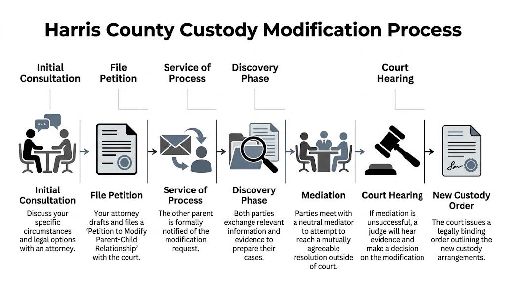 A flow chart outlining the step-by-step Harris County custody modification process from initial consultation to final order.