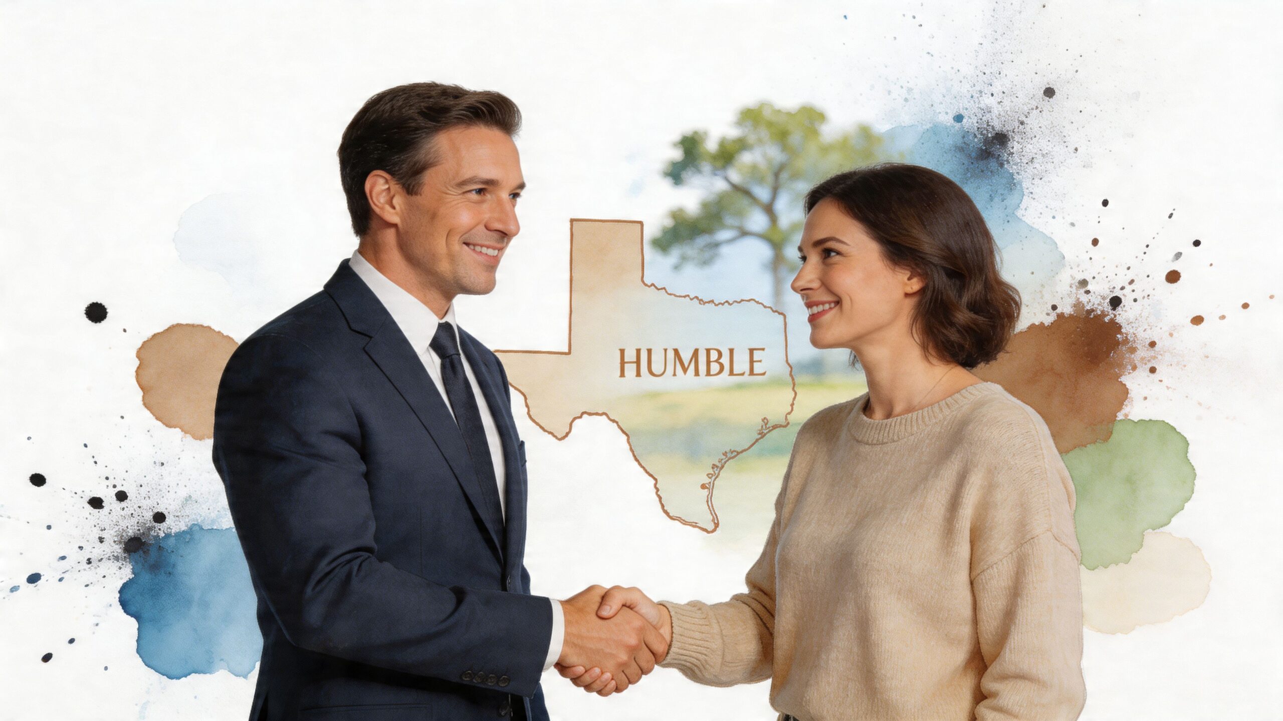 A professional man and a woman shaking hands in front of a Texas state map silhouette.