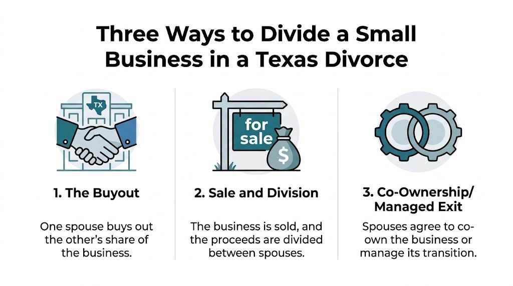 A diagram illustrating three common methods for dividing a small business during a divorce in Texas.