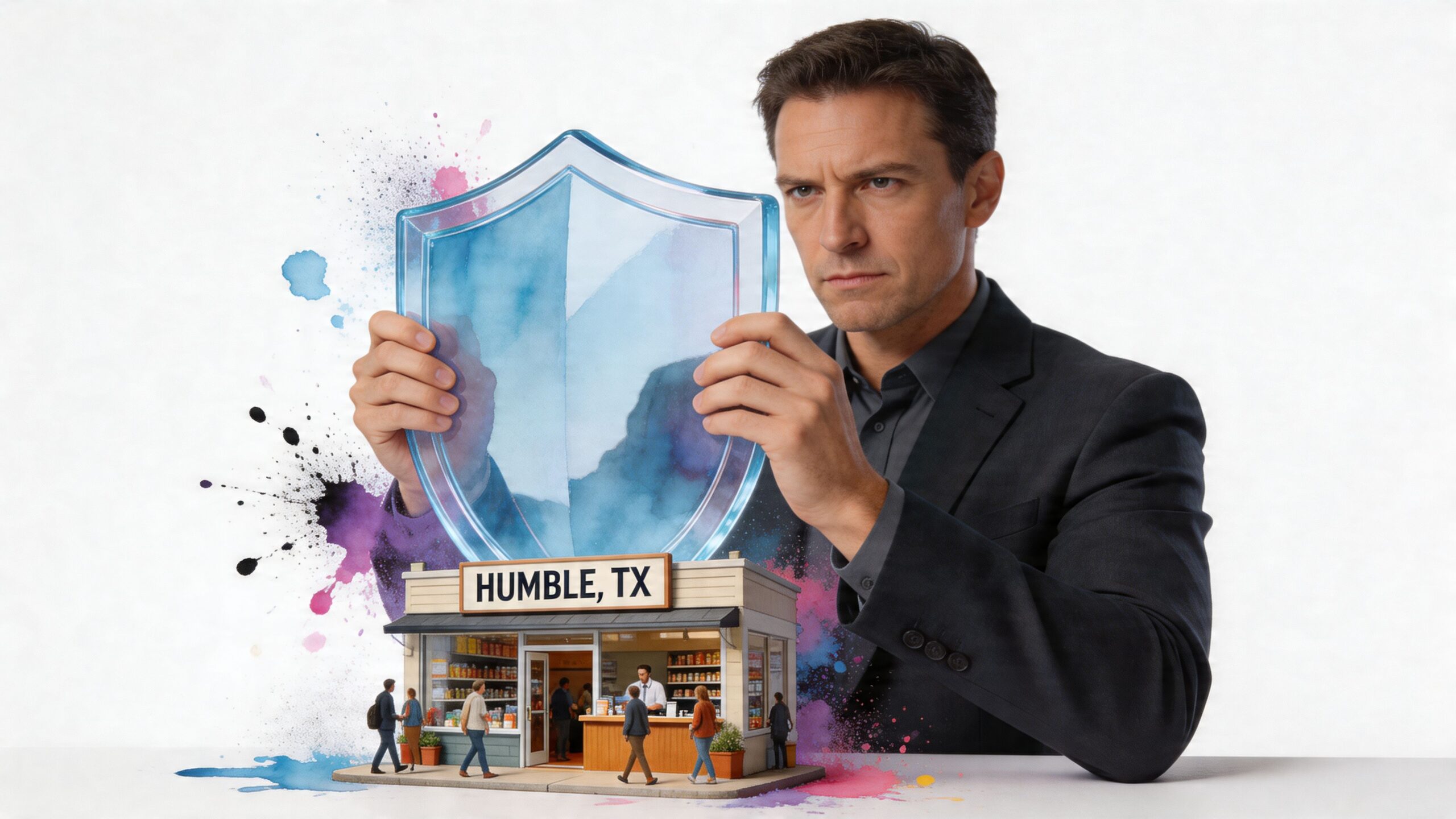 A professional man holding a protective shield over a miniature store labeled Humble, Texas.