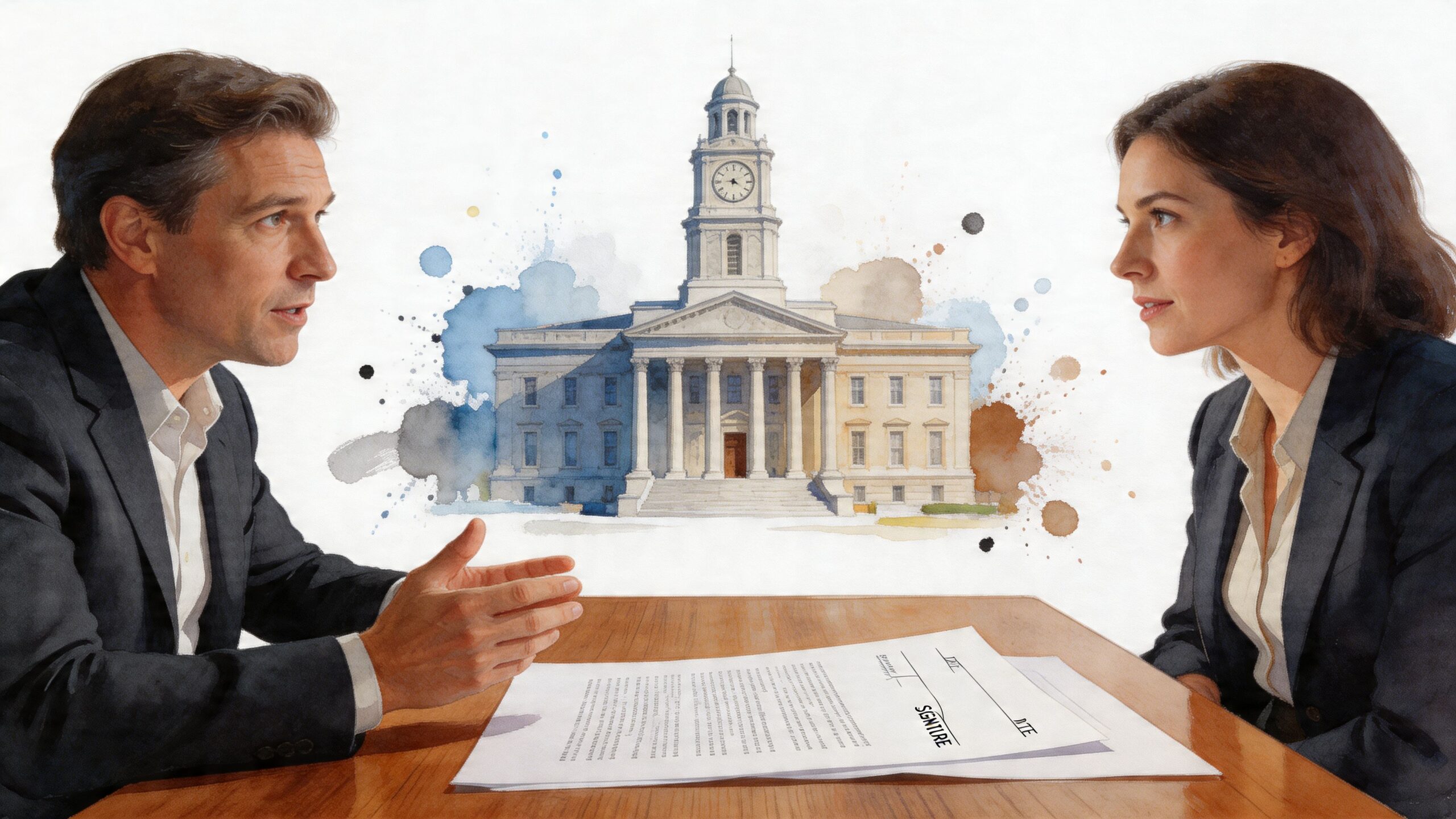 A man and a woman sitting at a desk with a contract and a courthouse illustration.