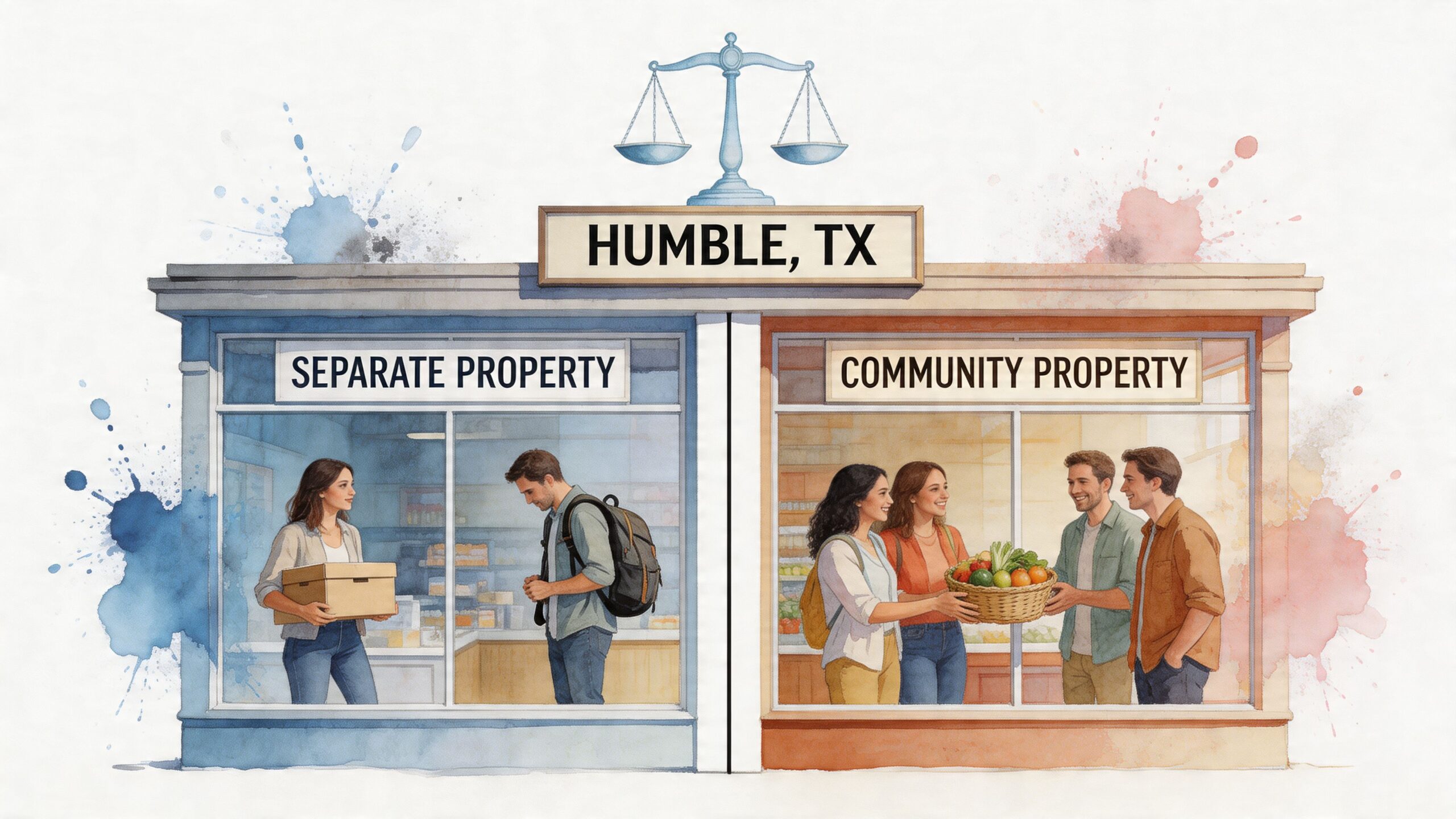 A watercolor illustration comparing separate property and community property concepts in Humble, Texas with legal scales above.