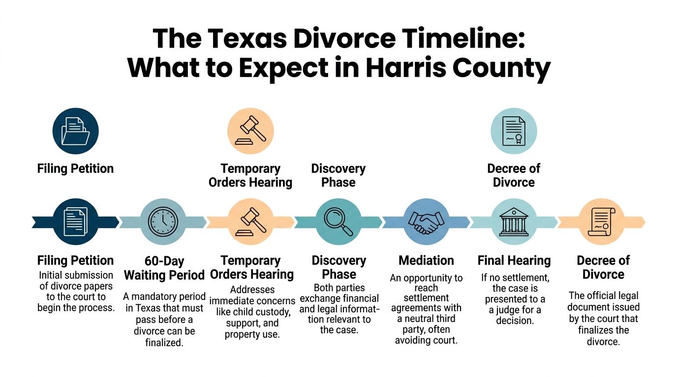 A visual flow chart illustrating the step-by-step legal process of obtaining a divorce in Harris County, Texas.