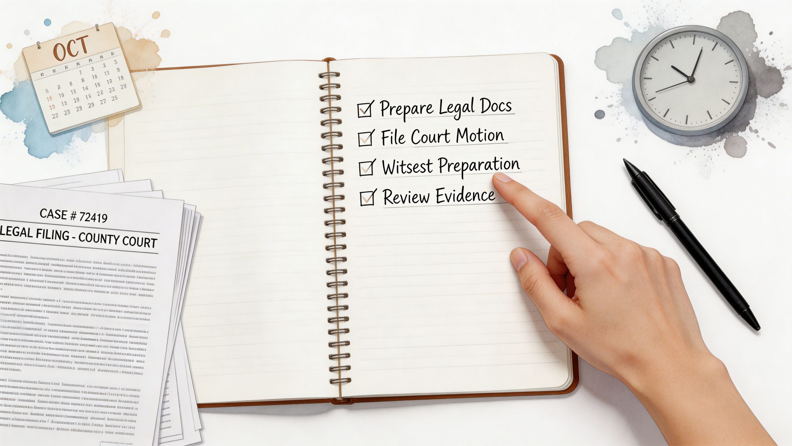 A hand points to a checklist in a notebook labeled with legal tasks for court case preparation.