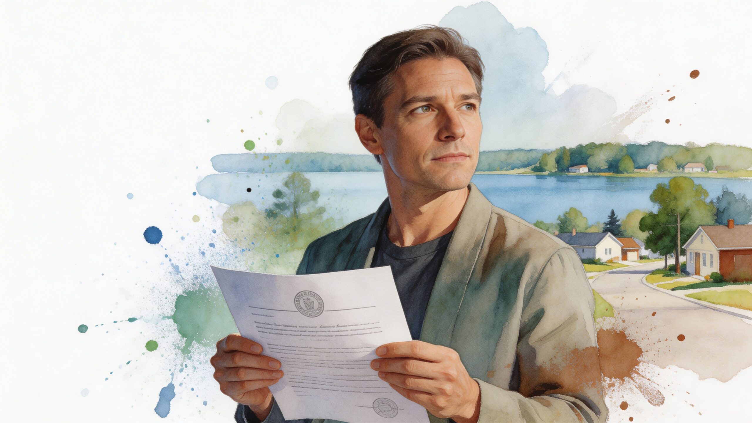 A man in a casual blazer looks thoughtfully into the distance while holding an official legal document.