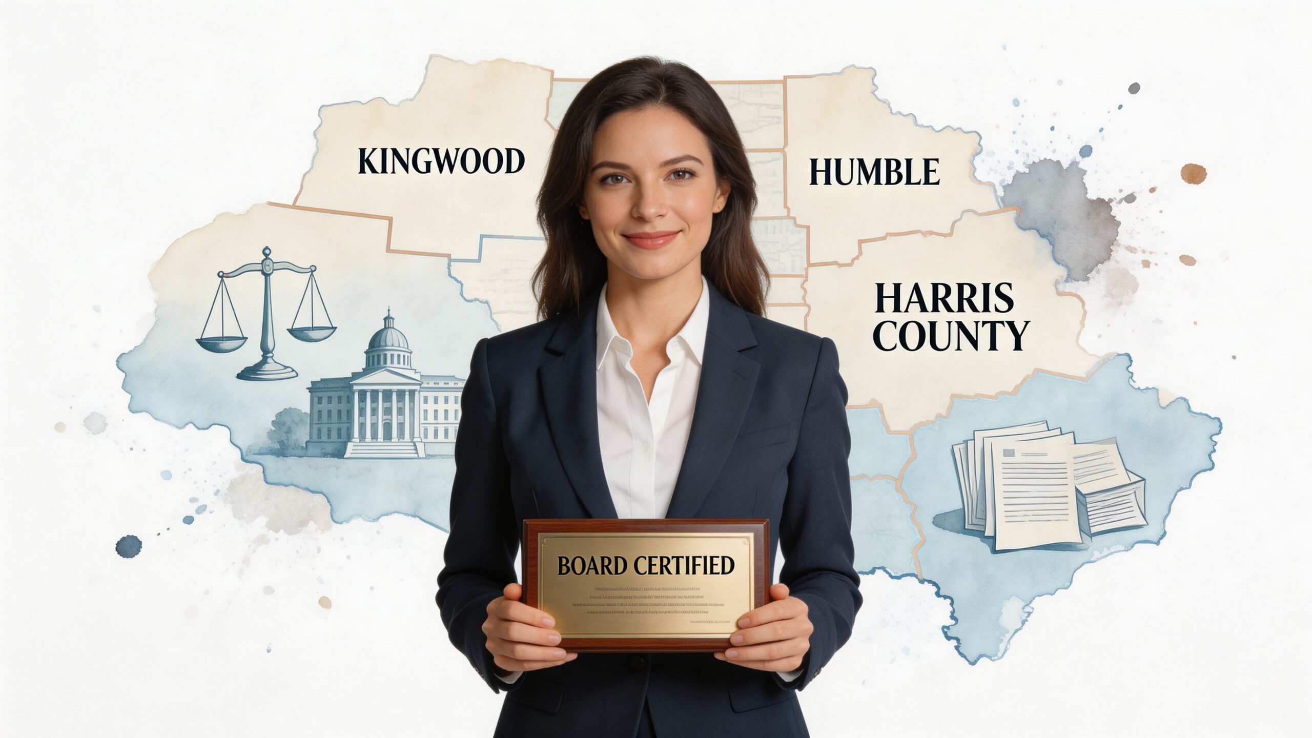 A professional board-certified attorney standing in front of a map of Harris County, Kingwood, and Humble.