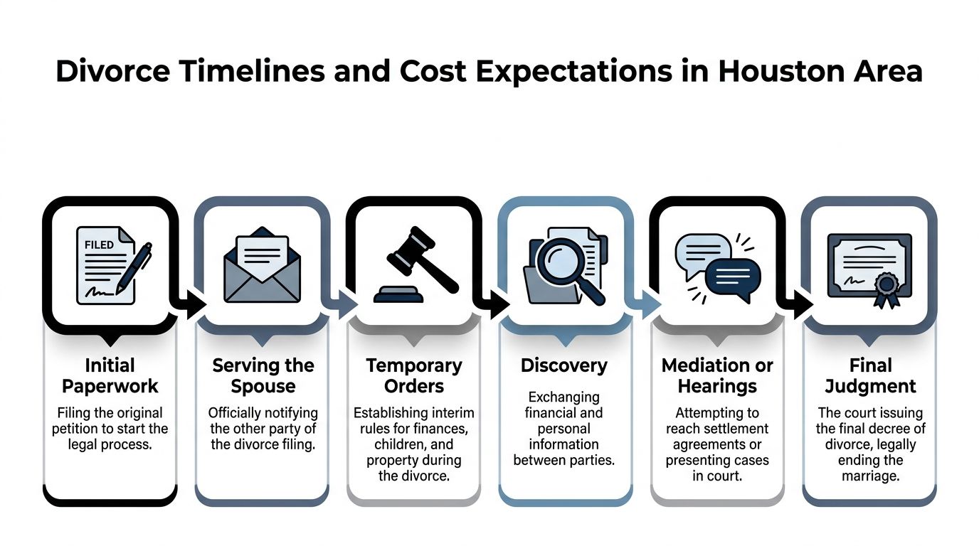 A flowchart infographic outlining the six stages of a divorce process in the Houston area.