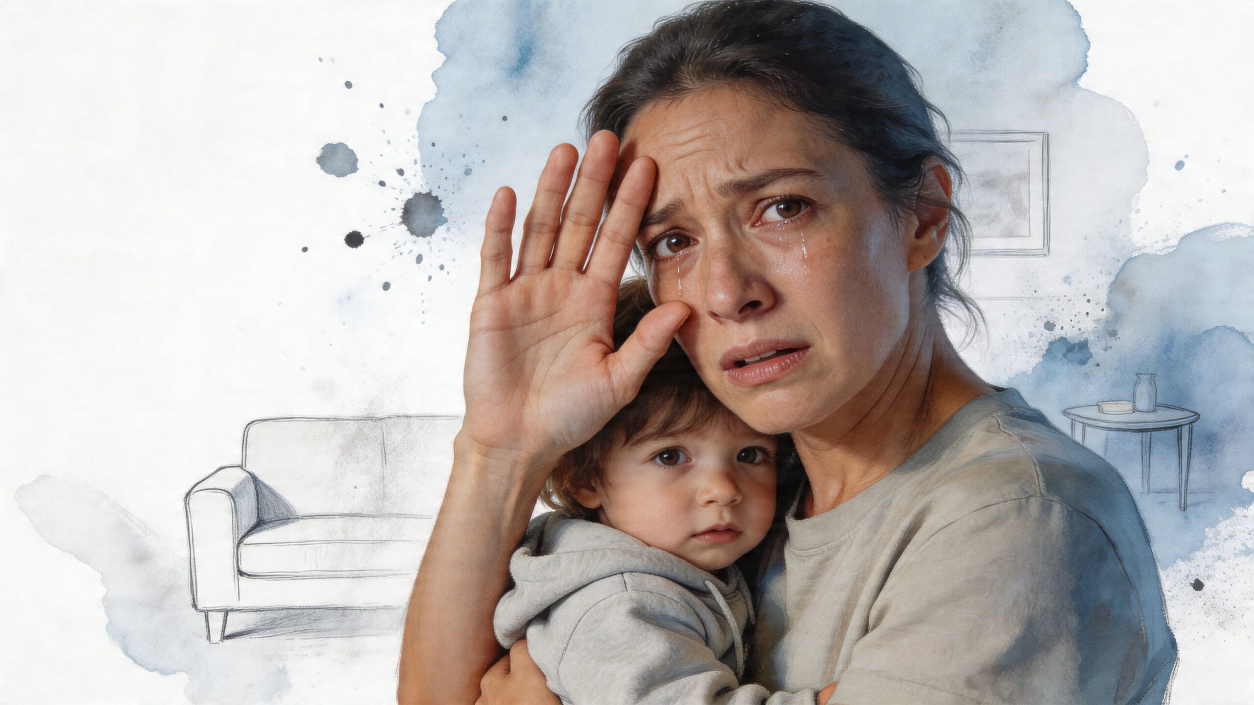 A distraught mother holding her young child while looking sad with tears streaming down her face.